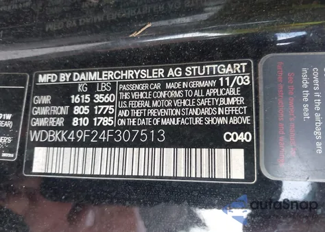 2004 Mercedes-Benz Slk 230 Kompressor from USA, damaged, VIN WDBKK49F24F307513